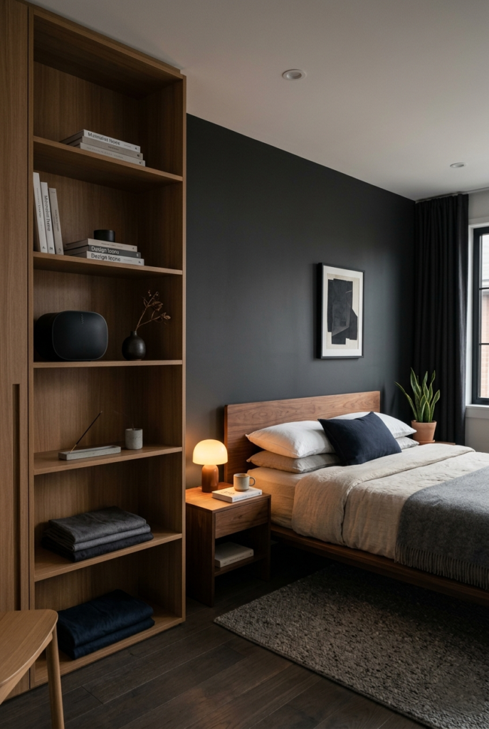 Organized shelves in modern bedroom