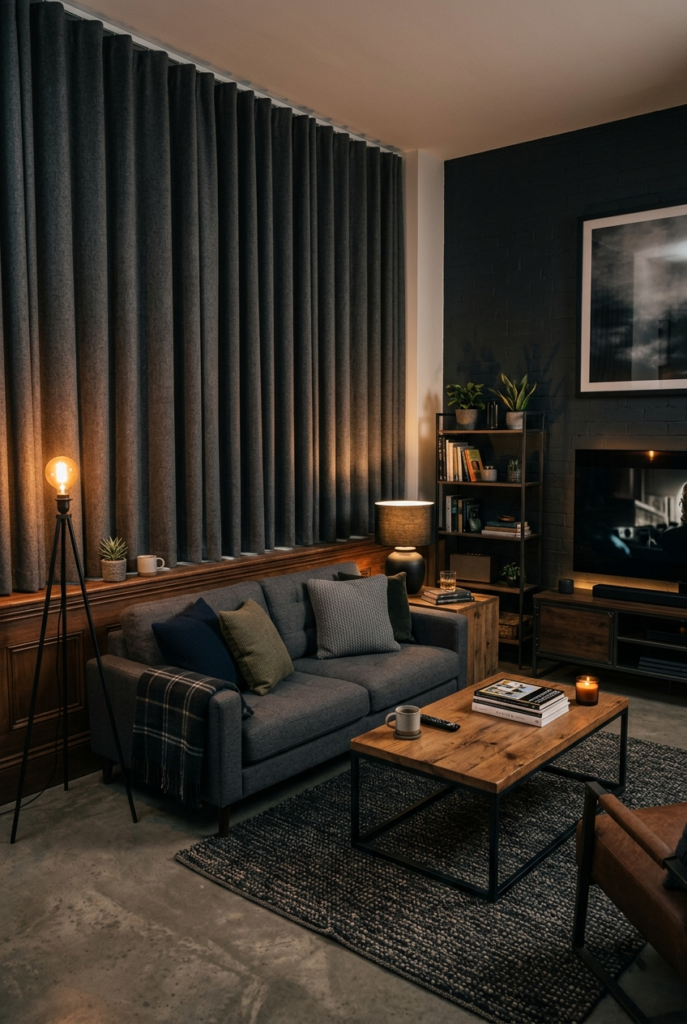 Light-blocking curtains in masculine living room
