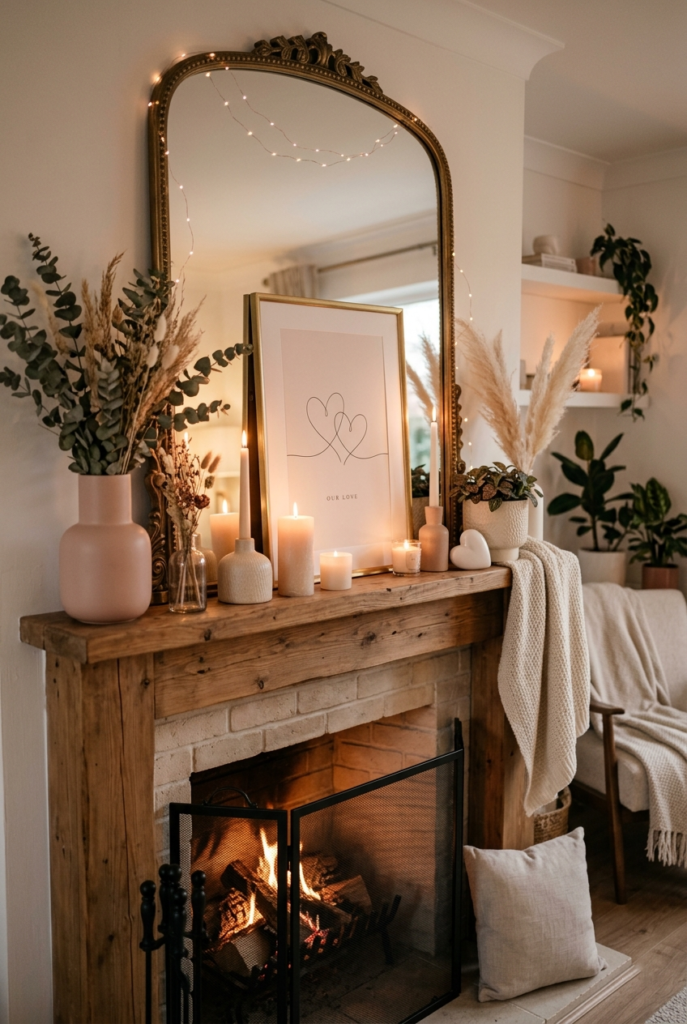 Warm lighting near Valentine mantle decor