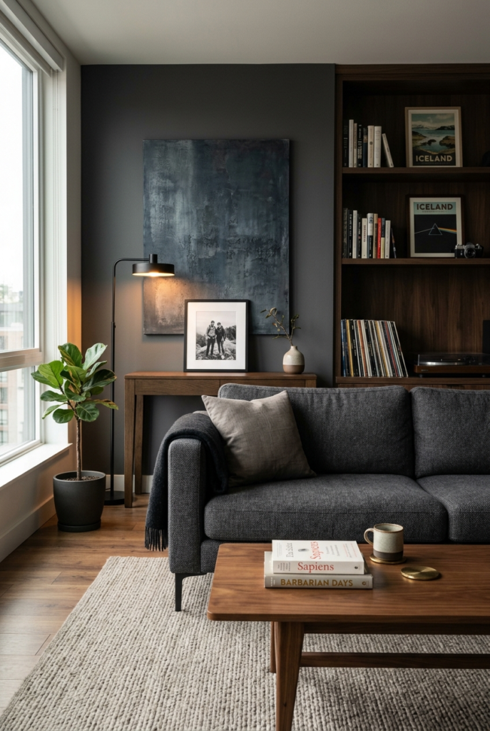 Personal items in masculine living room decor