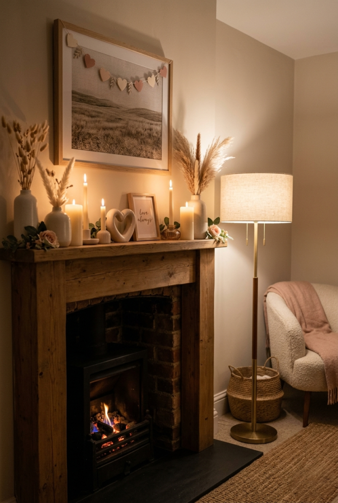 Layered decor heights on cozy mantle