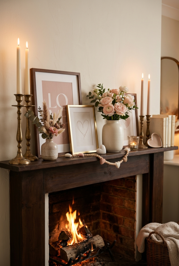 Neutral Valentine mantle decor ideas