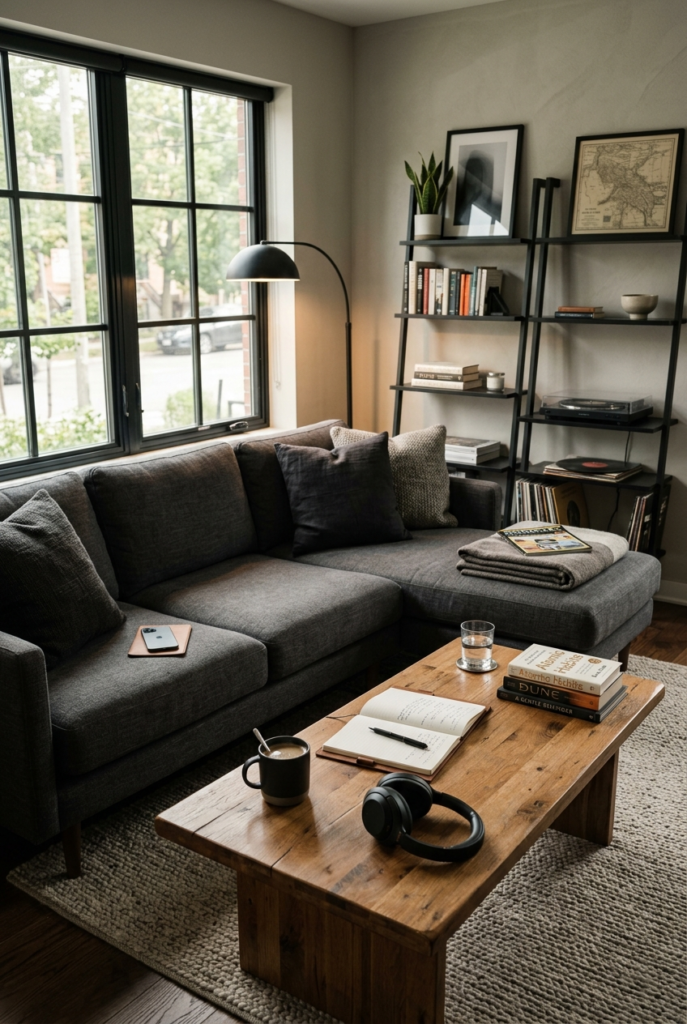 Balanced masculine living room without forced minimalism
