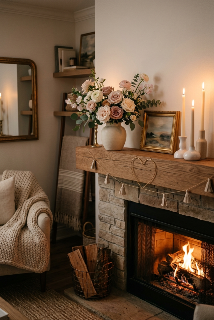 Soft flower arrangement on Valentine mantle