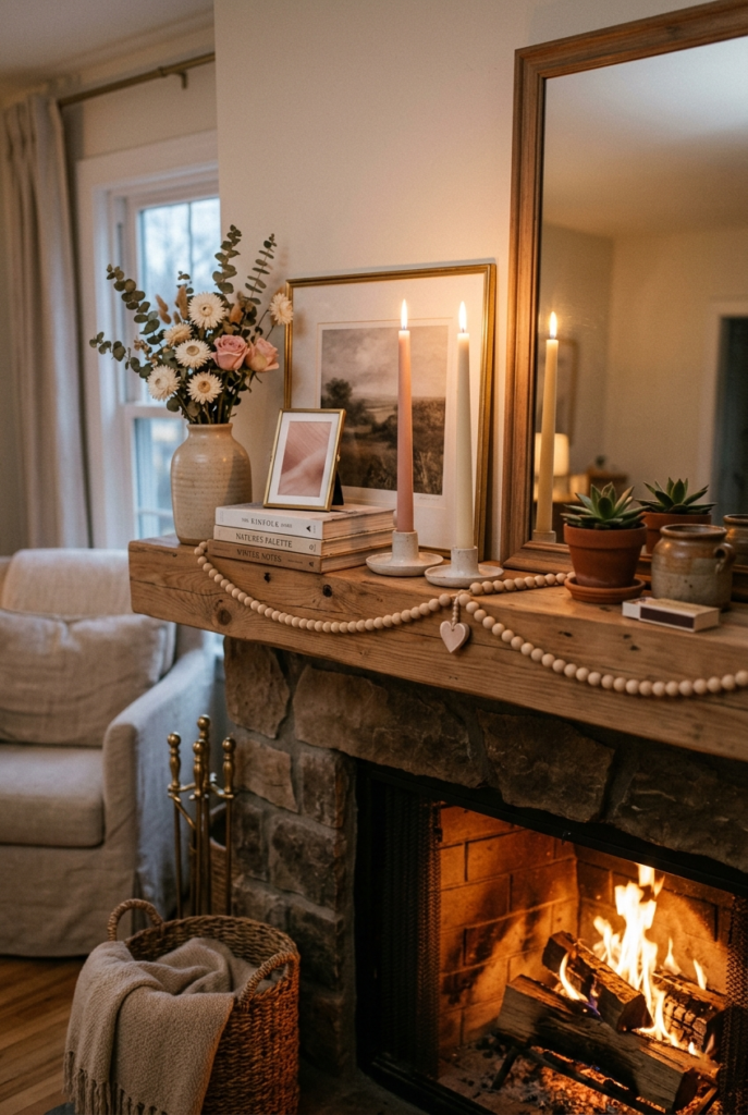 Small decor updates for Valentine mantle styling