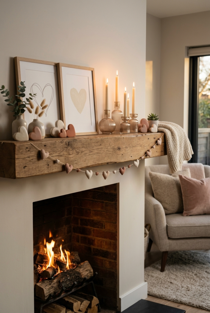 Minimal heart decor on cozy mantle