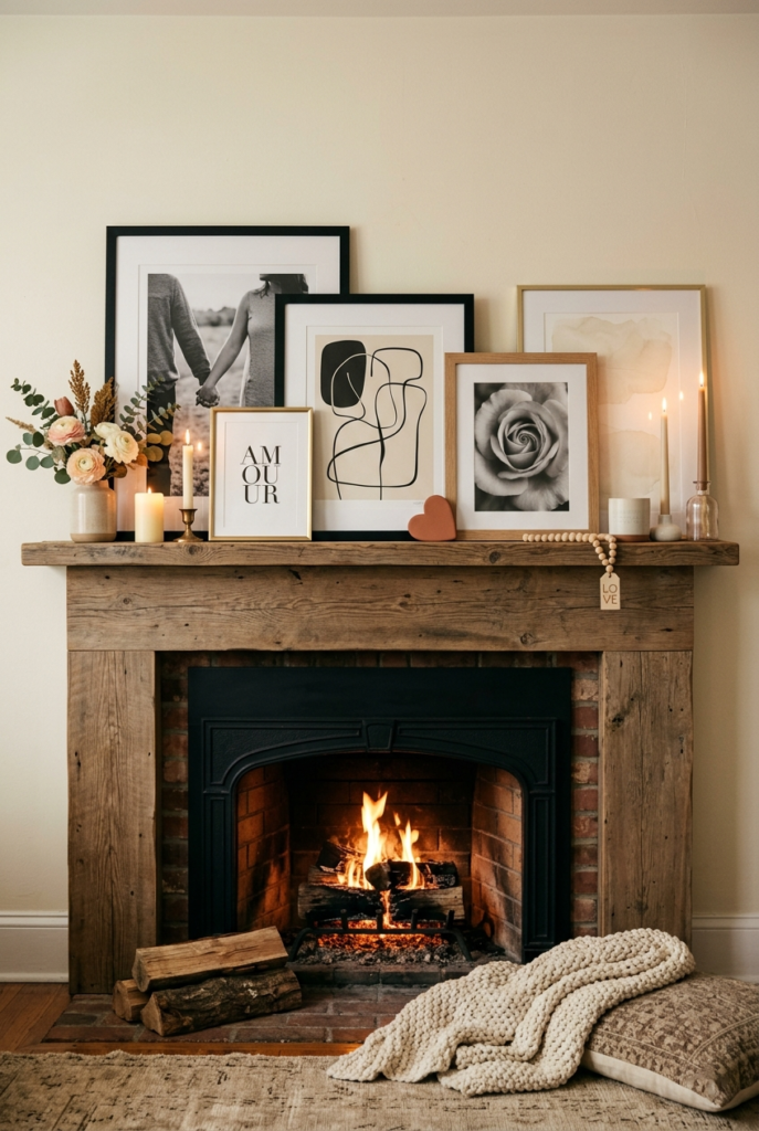 Framed prints leaning on mantle wall