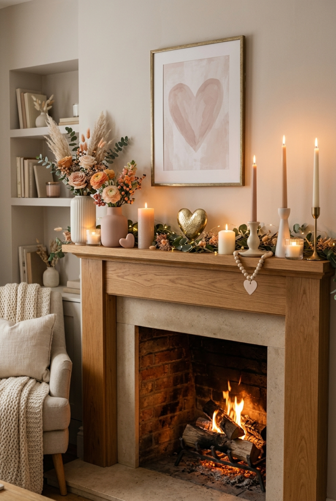 Fairy lights in romantic mantle decor