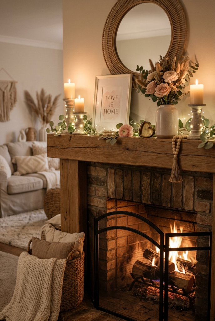 Greenery added to balanced mantle styling