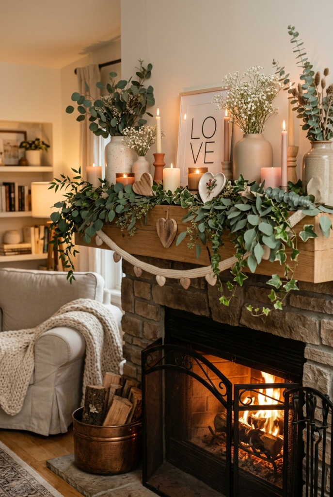 Stacked books in Valentine mantle decor