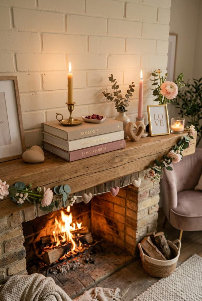 Mirror reflecting candlelight on mantle decor