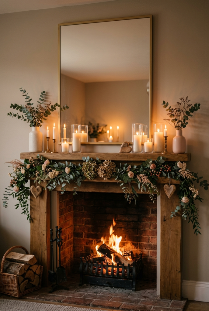 Loose natural garland on Valentine mantle