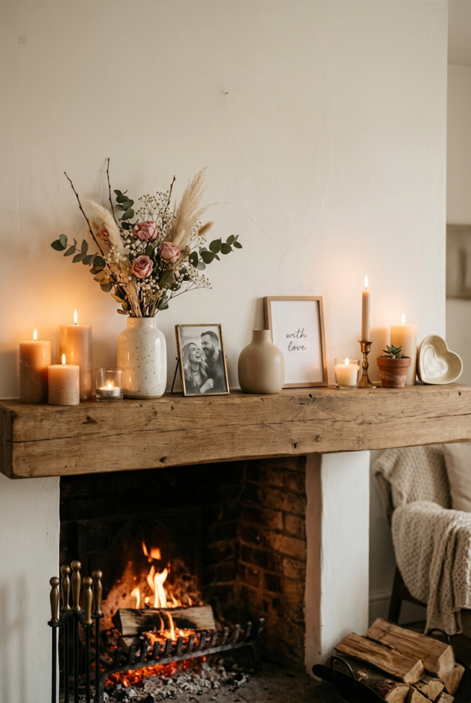 👉 Cozy Valentine mantle decor with romantic neutral styling