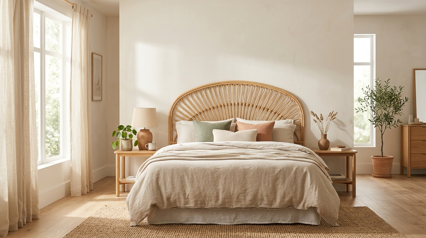 Natural rattan headboard cozy bedroom