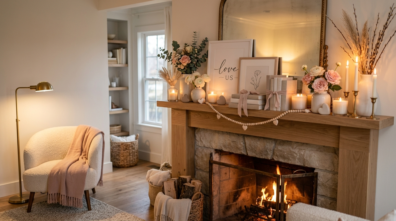 Valentine mantle decor ideas with cozy romantic styling