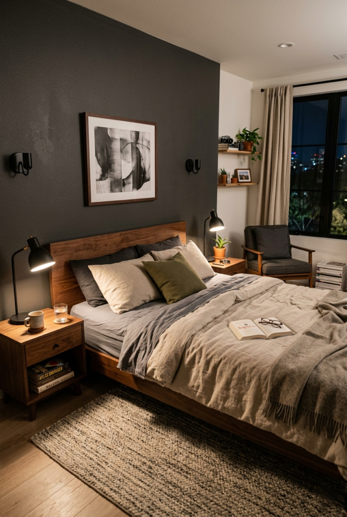 Modern masculine bedroom with balanced stylish decor