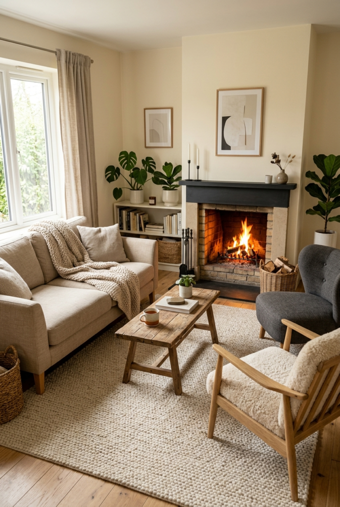 Cozy conversation area around a corner fireplace
