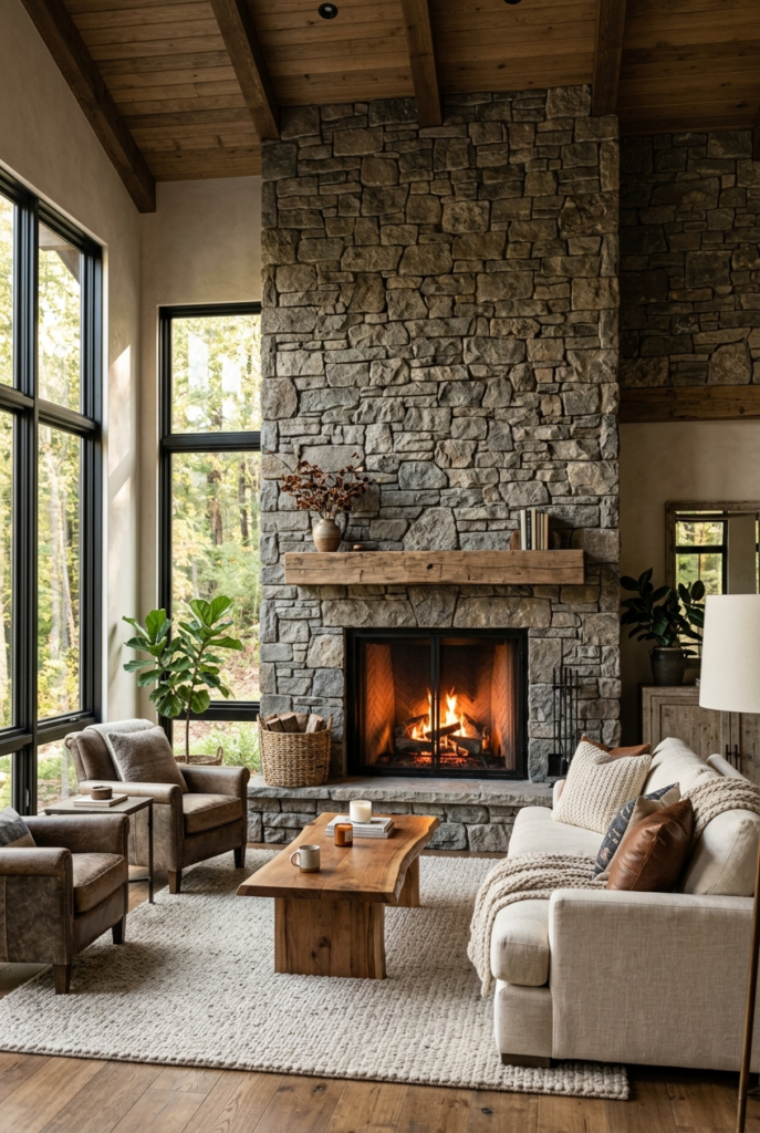 Floor to Ceiling Stone Fireplace