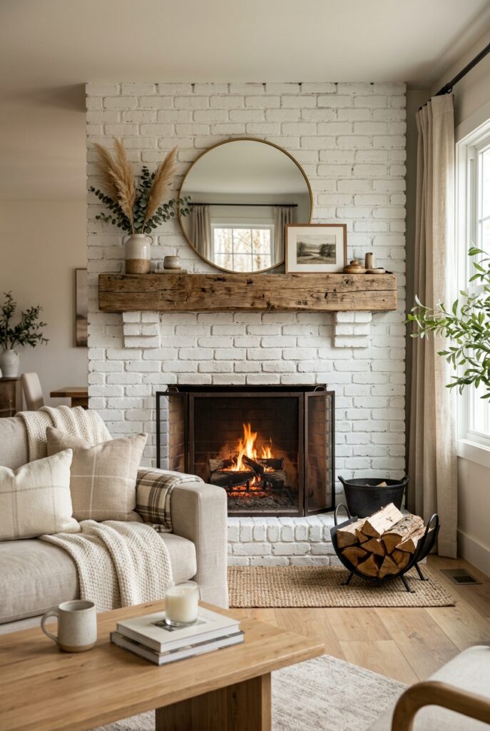 White brick fireplace
