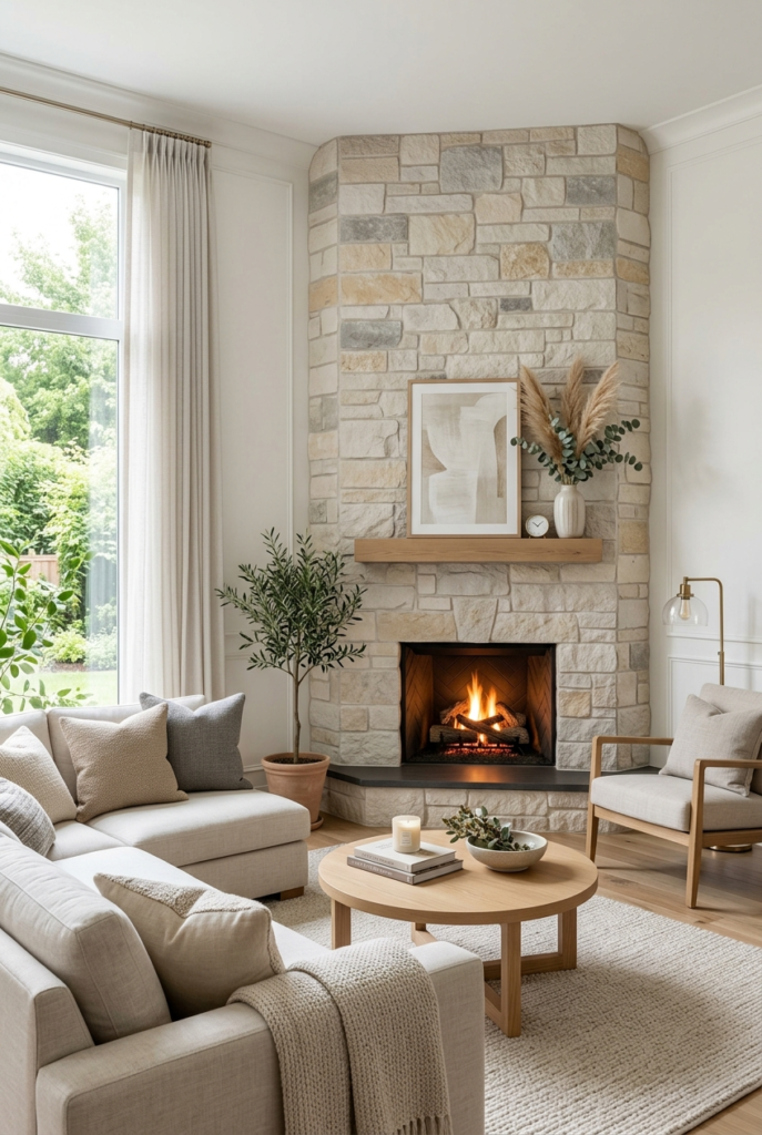 Light stone corner fireplace in small living room
