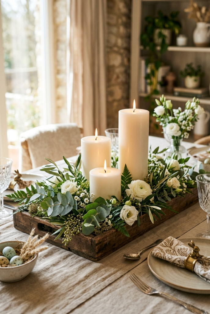 Candles and Greenery Tray Centerpiece