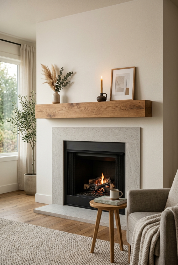 Floating wood mantel on corner fireplace