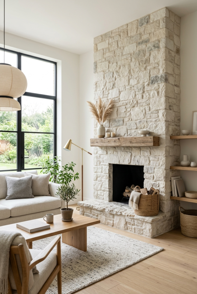 Light Stone Fireplace Design