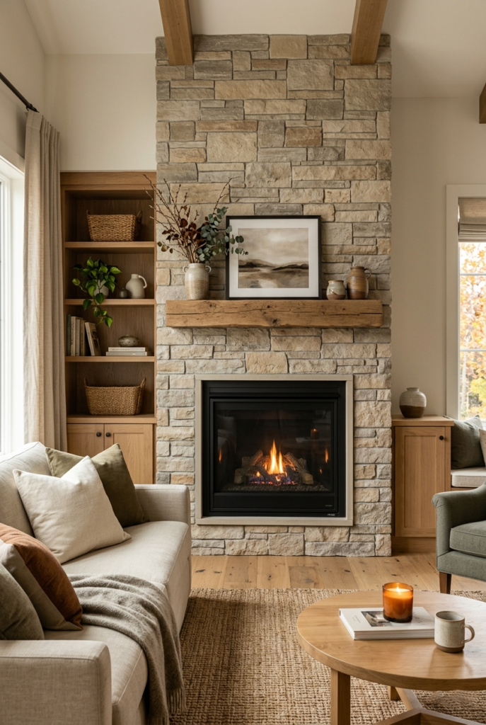 Modern stone fireplace