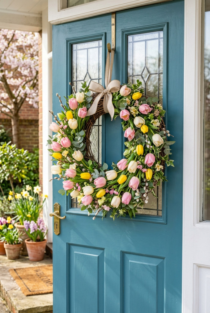 Colorful tulip wreath for Easter front door