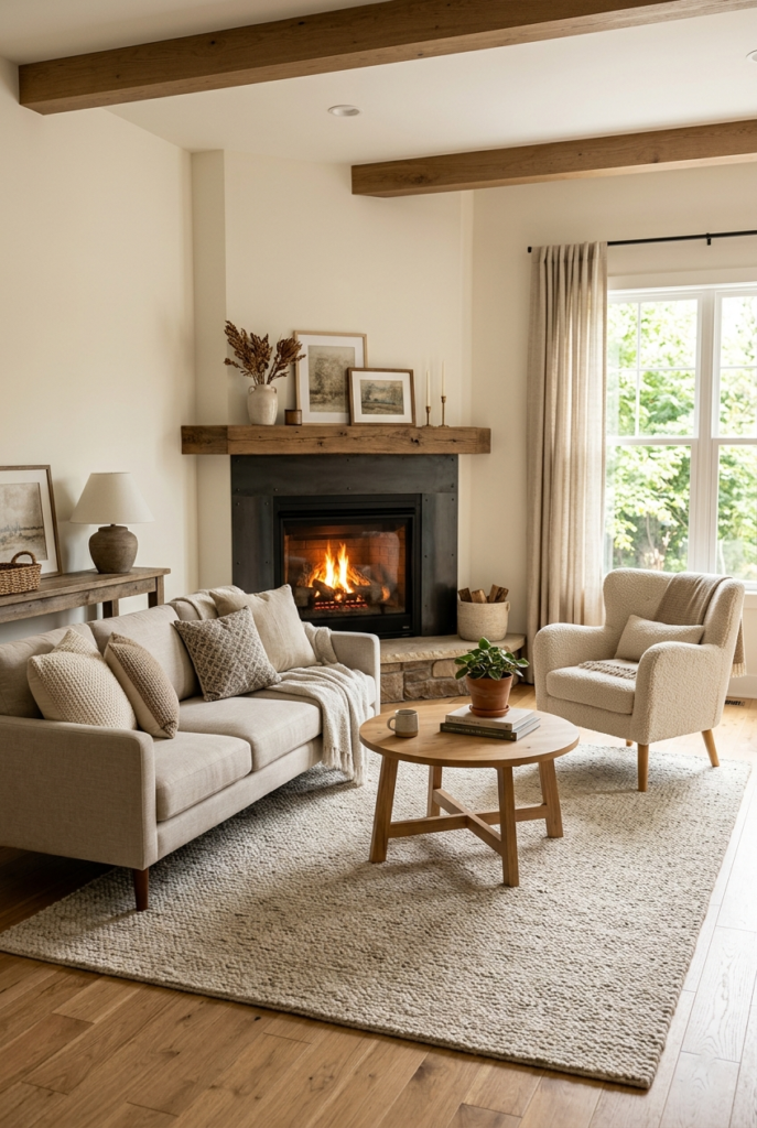 Angled furniture layout around corner fireplace