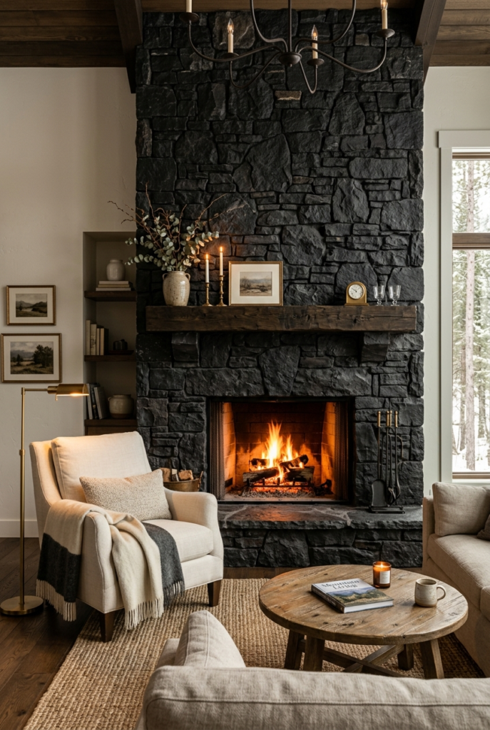 Black stone fireplace