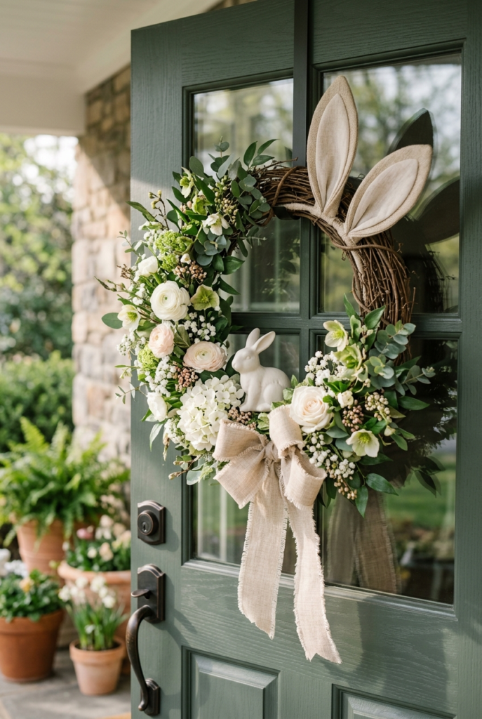 Bunny-themed Easter wreath for entryway