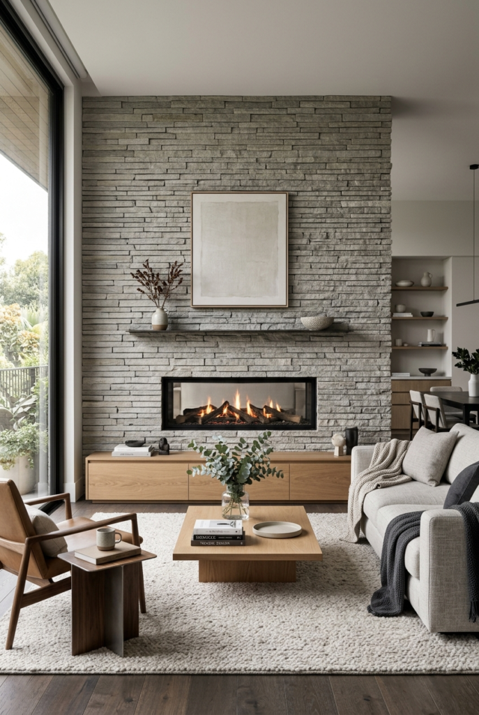 Modern Stacked Stone Fireplace