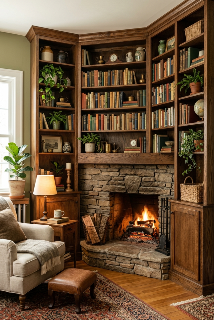 Built-in shelves surrounding corner fireplace