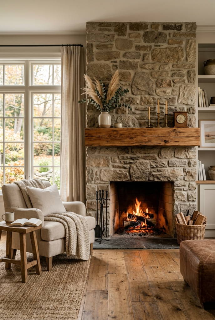 Stone Fireplace With Mantel