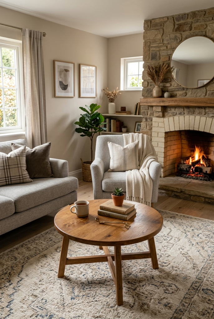 Round coffee table in small fireplace living room