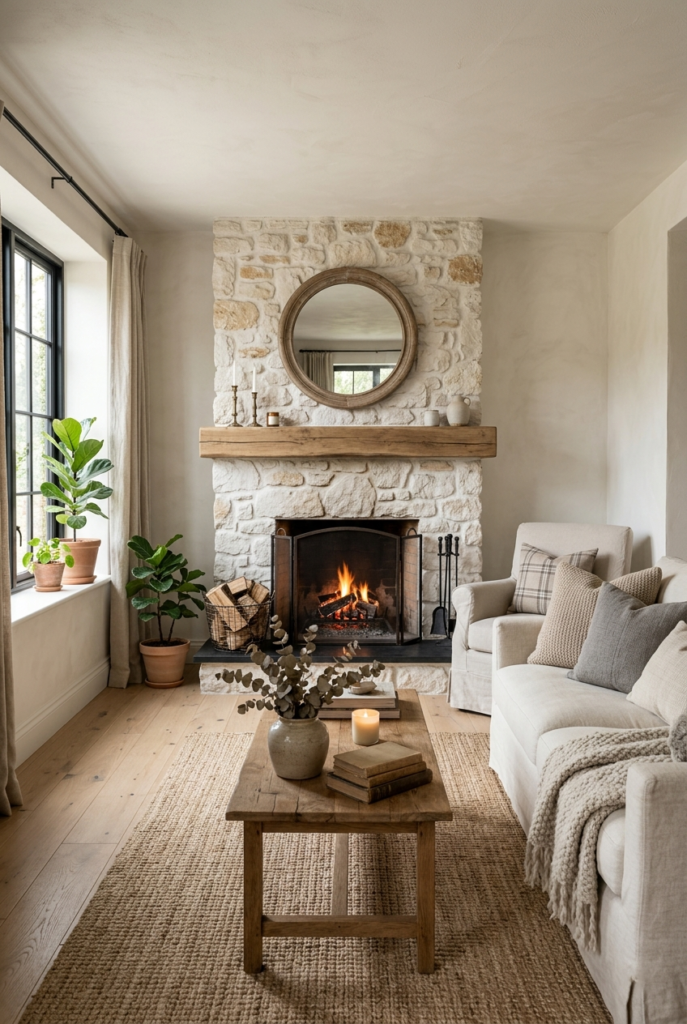 Whitewashed Stone Fireplace Finish