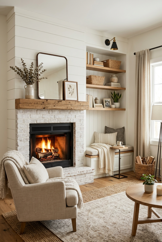 Corner farmhouse fireplace