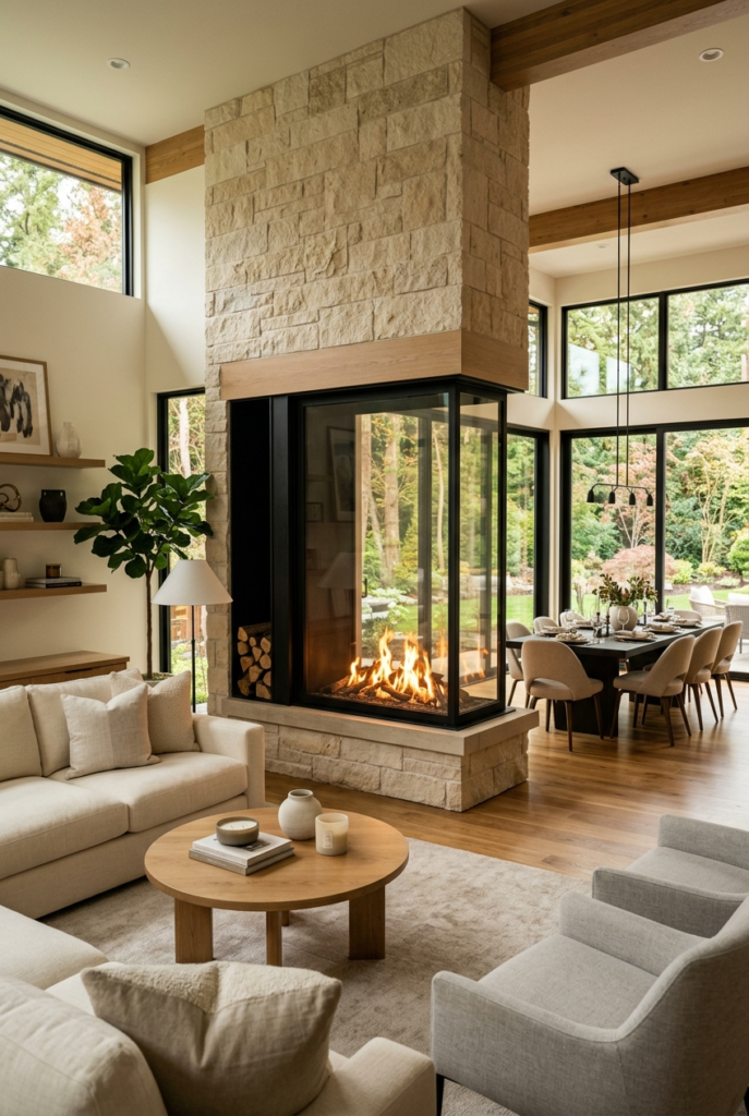 Double sided fireplace between rooms
