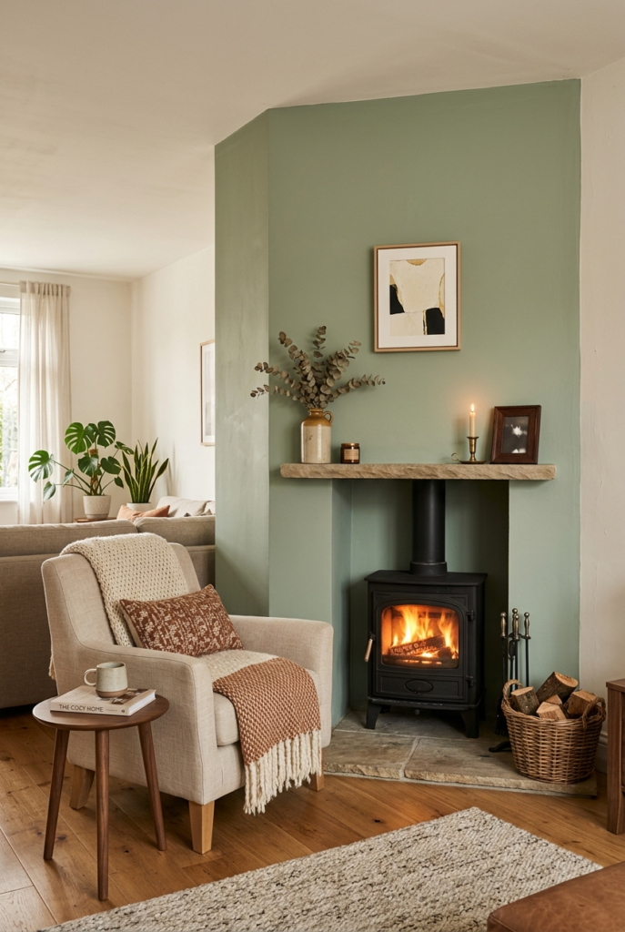Painted accent wall around corner fireplace