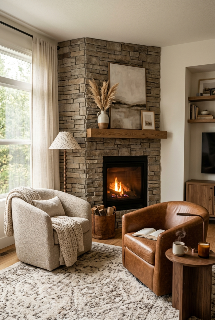 Accent chairs near corner fireplace seating area
