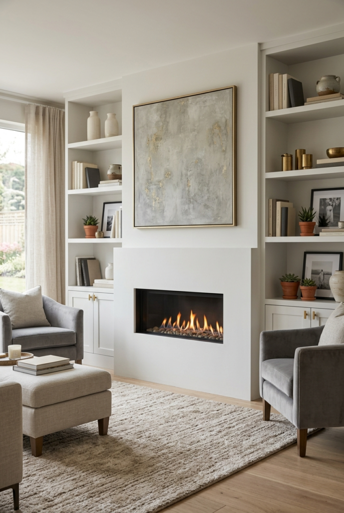Fireplace wall with built in shelves
