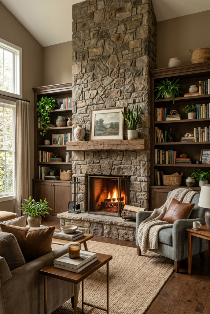 Stone Fireplace With Shelving