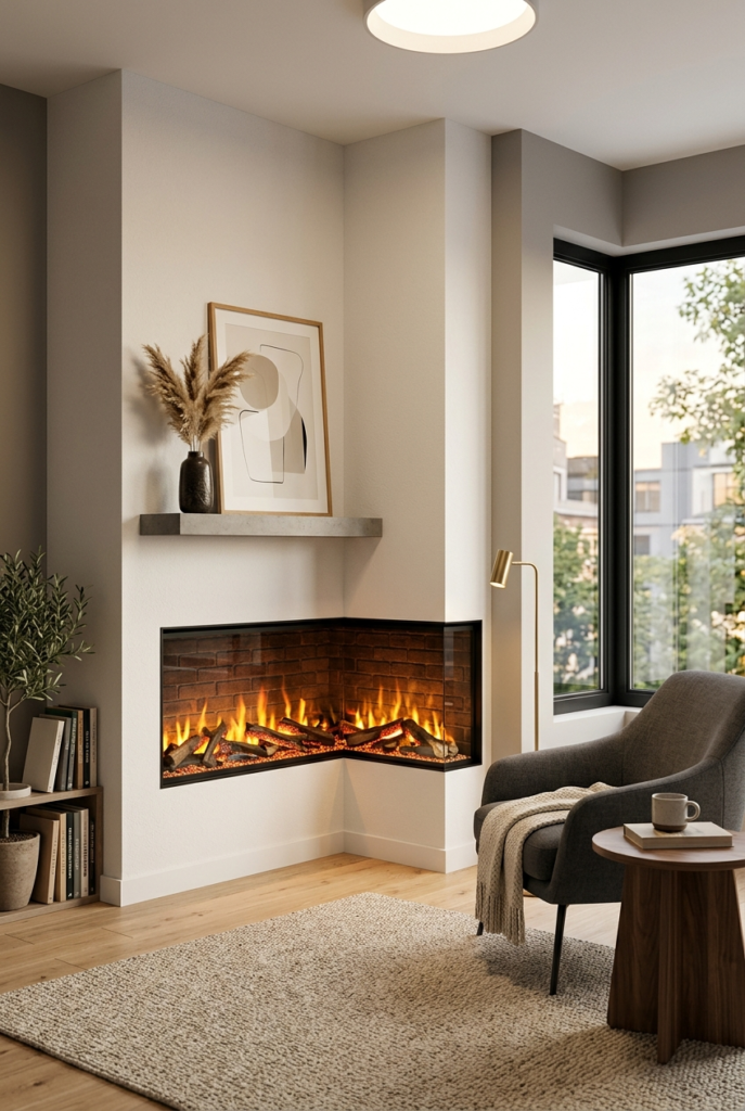 Modern electric corner fireplace in small space