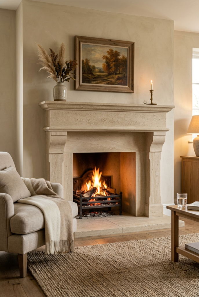 Limestone fireplace surround