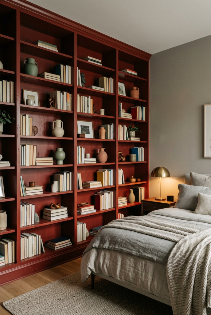 Red built-in shelves
