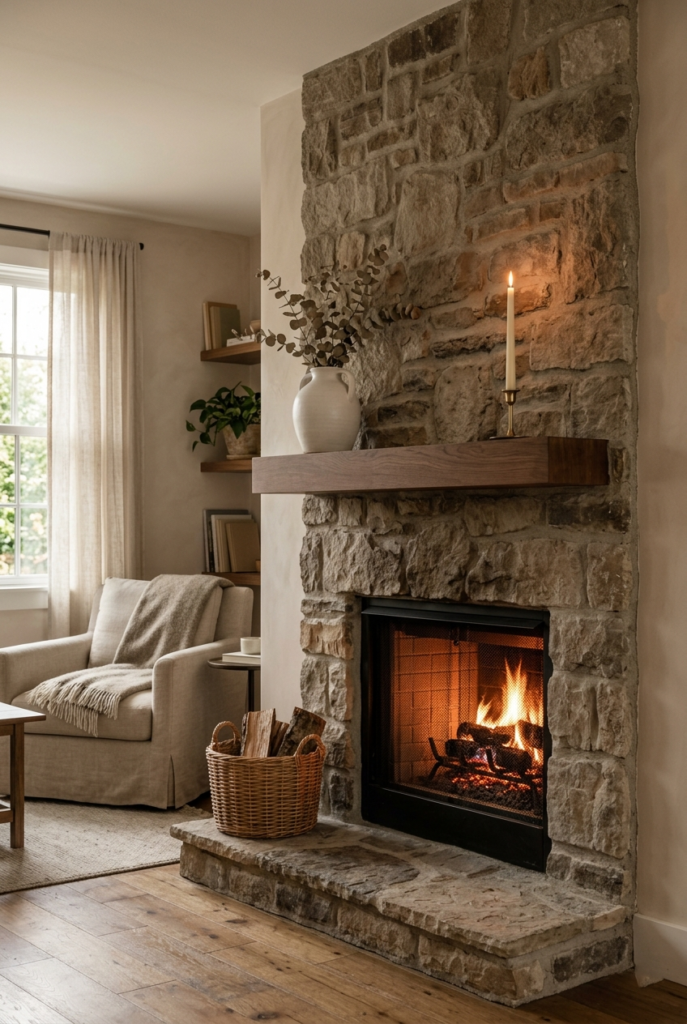 Minimal mantel decor on corner fireplace