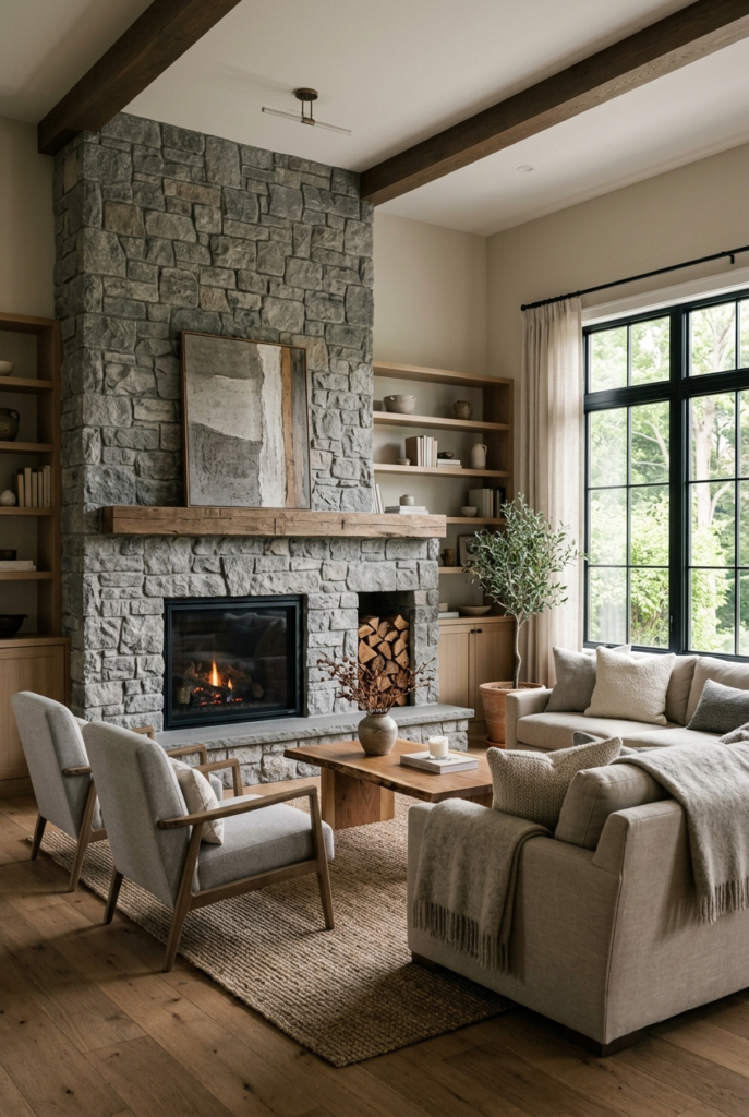 Gray Stone Fireplace Design