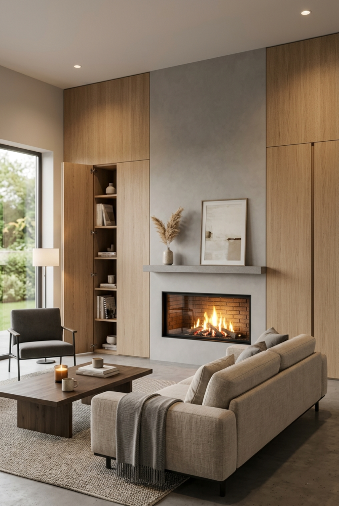 Modern fireplace with concealed storage
