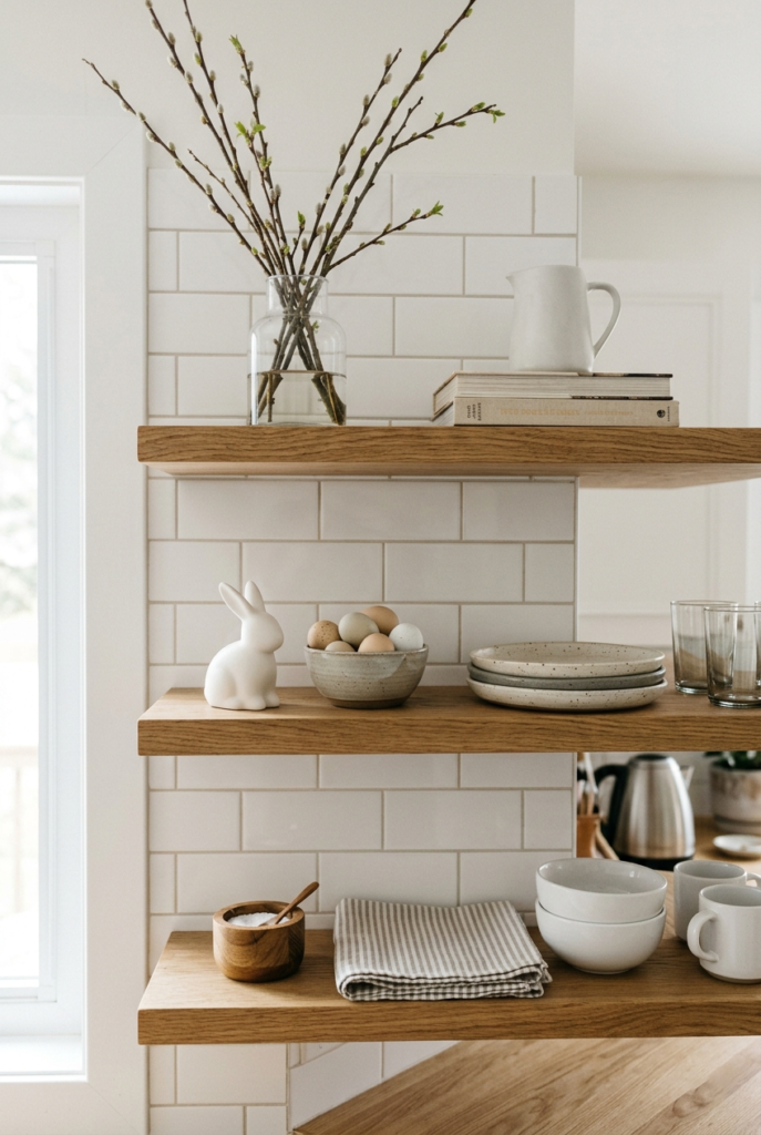 Light Easter styling on open shelves